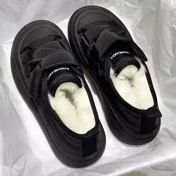 Niche bread shoes Velcro warm wool cotton shoes women s 2024 winter velvet new versatile thick baseplate shoes 35 чёрный