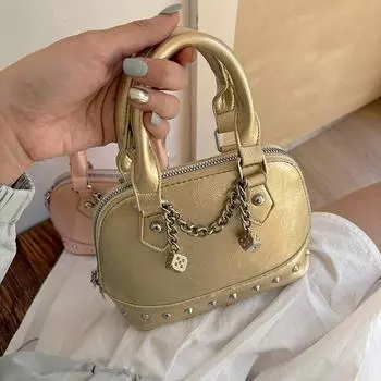 Niche Champagne Gold Thousand Gold Riveted Hand-held Shell Small Bag, Fashionable Single-shoulder Crossbody Bag for Women