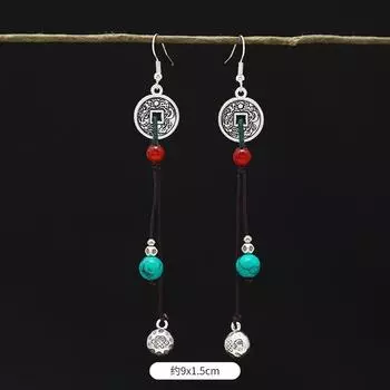 Niche copper coins, fringed earrings, mountain ghosts spend money on long earrings, retro personalized antique earrings.