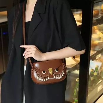 Niche Crossbody Bag, Retro Owl Chain Bead Saddle Bag, Large-sized Women s Pressed Shell Bag Features коричневый