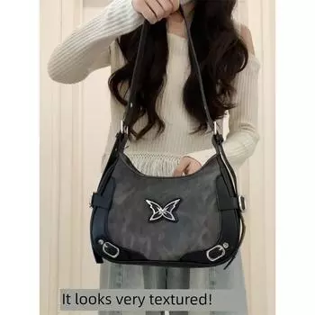 Niche Dark Sweet Cool Underarm Bag High-Grade Butterfly Motorcycle Bag Women 2025 New Fashion Shoulder Messenger Bag Black