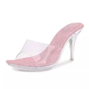 Niche denim high heel sandals thin heel sexy summer fish mouth transparent crystal transparent versatile 35