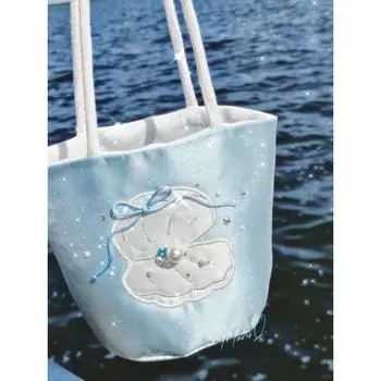 Niche Design Blue Shell Embroidery Bucket Bag Bow Canvas Bag Large Capacity All-Match Shoulder Tote Bag Light Blue
