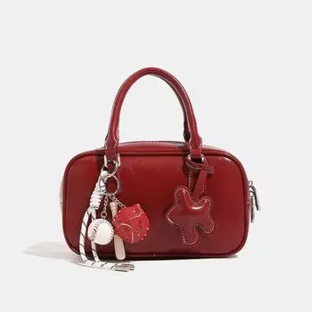 Niche Design Bowling Bag Women 2025 New Retro Handbags Shoulder Shoulder Boston Bag Red (collect and send pendants)