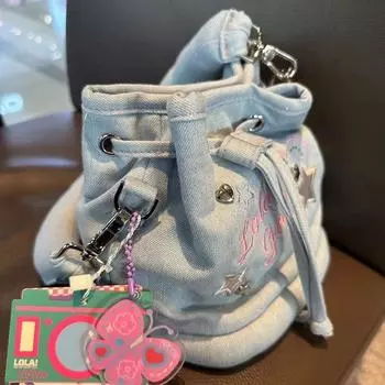 Niche Design Casual Fashion Backpack Denim Bucket Bag Student Universal Drawstring Schoolbag 21*15*18 джинсовый синий