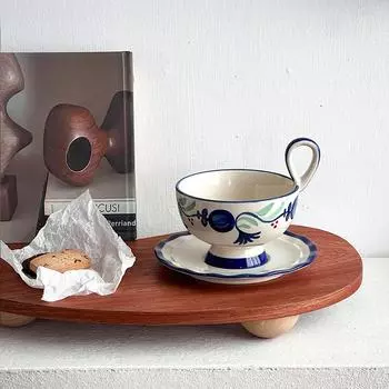 Niche Design Hand-Painted Underglaze Ceramic Cup And Saucer Set, Medieval Afternoon Tea Flower Teacup Goblet About 300ml синий