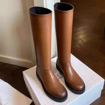 Niche Design Кожаные рыцарские сапоги на толстой подошве Женские сапоги Осенние и зимние сапоги с круглым носком Высокие сапоги Маленькие сапоги 35