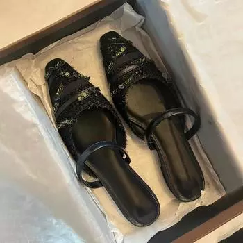 Niche design leather bag head sandals women s summer flat heel rhinestone half drag wear sandals women s shoes low heel 35