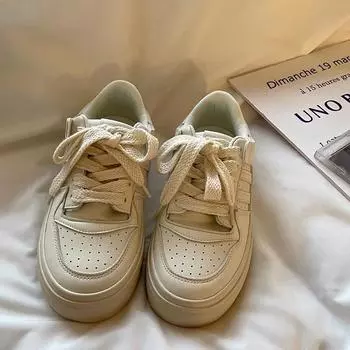 Niche design leather white shoes women s 2025 new retro versatile ins trendy casual board shoes 35 бежевый