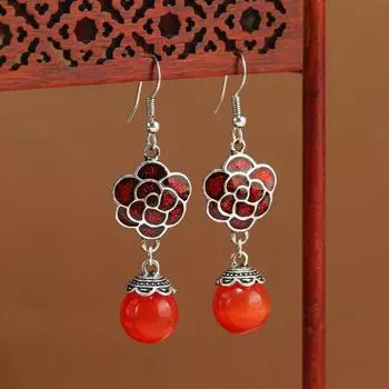 Niche design new Chinese flower earrings femininity simple opal earrings long ethnic style earrings