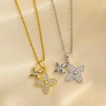 Niche Design New Double Four Leaf Flower Collarbone Ring Womens High Class Sense Of Sweet Tide Cool Do Not Lost Color Collarbone Chain