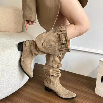 Niche design pointed big tube circumference high heel pile boots 2025 autumn and winter ancient western cowboy boots thick heel boots women 35