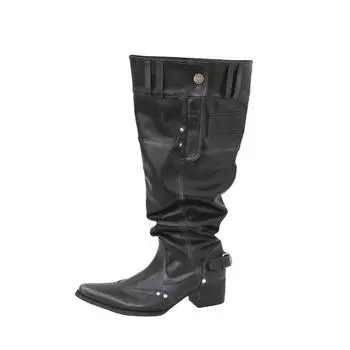 Niche design pointed big tube circumference high heel spring stacking boots retro western cowboy boots thick heel boots women 35