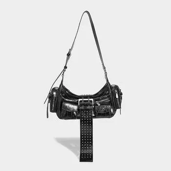 Niche design punk style Spice girl armpit bag rivet bag 2025 new trendy brand shoulder crossbody portable locomotive bag чёрный