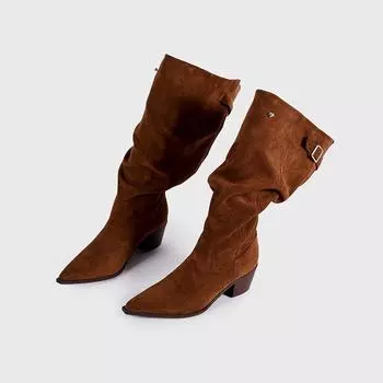 Niche design rear zipper pointed big tube circumference high heel stacking boots retro western cowboy boots thick heel boots women 35