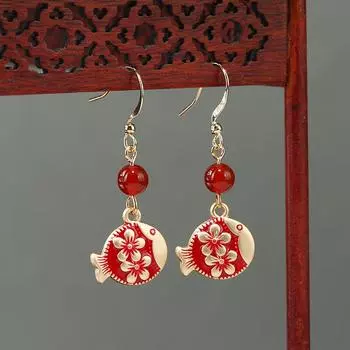 Niche design red flower earrings retro ethnic style temperament versatile jade earrings Chinese style earrings women