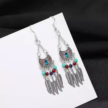 Niche design retro exquisite bohemian fringed earrings femininity simple leaf long earrings разноцветный
