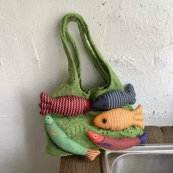 Niche design sense bag women s knitted wool woven bag splicing vacation leisure portable shoulder tote bag зелёный