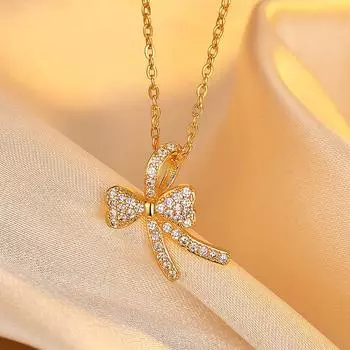 Niche Design Sense Bow Цирконий Светлое Роскошное Ожерелье Милая Высокая Чувственная Цепочка на Ключицу Цепочка на Шею