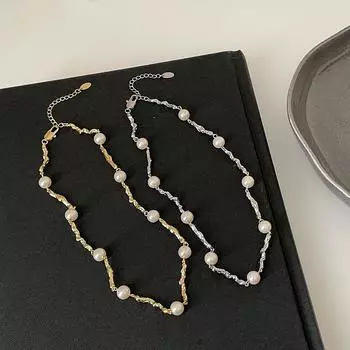 Niche Design Sense Irregular Metal Pearl Necklace Temperament Simple Sweet Cool Personality Spice Girl Neck Chain Collarbone Chain