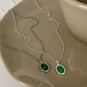 Niche Design Sense Овальный Зеленый Агат Подвеска Ожерелье Женская Личность Мода Темперамент Свежий Универсальный Цепочка на Ключицу Цепочка