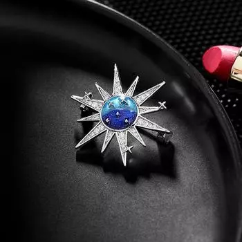 Niche design sense personalized pin silk scarf buckle Korean collar pin dream blue universe star sun brooch золотой