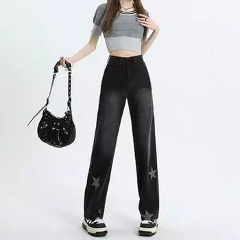 Niche design sense star jeans women s high waist loose retro thin small mopping wide leg trousers S