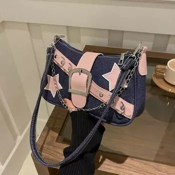 Niche Design Shoulder Baguette Pink Bag, Sweet Cool Chain Hottie Armpit Bag, Women s Fashion Versatile Bag светло-синий