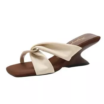 Niche design slope heel wear cool slippers women s summer high heels new square head open toe high heel sandals 34