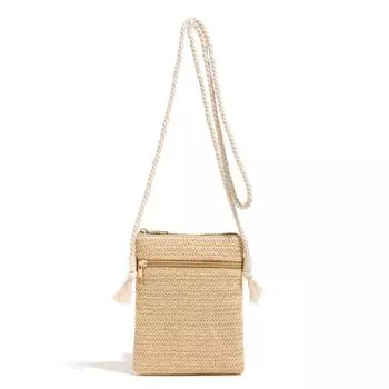Niche Design Solid Straw Crossbody Bags Solid Color Small Phone Bag Woven Shoulder Bag Girls бежевый