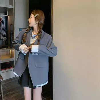 Niche Design Splicing Suit Jacket для женщин Весна и Осень Новый Универсальный Повседневный Серый Костюм Верх XS