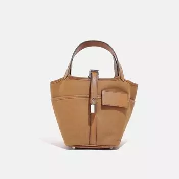 Niche Design Wax Thread Basket Canvas Stitching Plain Pocket Bag Hand Carrying Women s Bag Bucket Bag коричневый