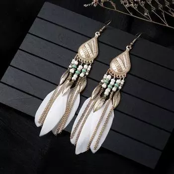 Niche Design Women s Retro Long Feather Earrings Elegance White Classic