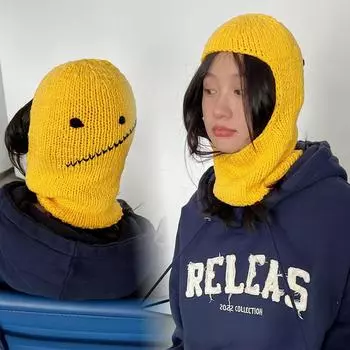 Niche designer autumn and winter handmade wool Rafa hat warm cute smiley face knitted headgear hat tide M56-58cm жёлтый