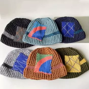 Niche designer hipster rainbow wool hat women s handmade autumn and winter warm knitted fisherman hat M56-58cm чёрный