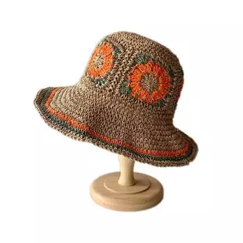 Niche designer linen cotton thread small fresh hand knitted bucket hat hollow woven basin hat women M56-58cm