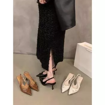 Niche французские черные босоножки с застежкой-мешком на высоком каблуке женские туфли 2024 года новые летние темпераментные светские туфли с острым носком 35 чёрный