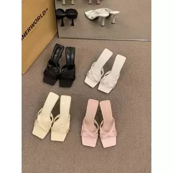 Niche French cross with cool slippers fairy shoes 2024 new summer temperament wear black high-heeled sandals 35 чёрный