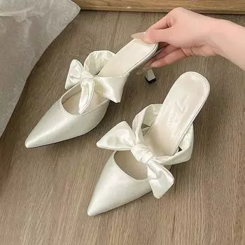 Niche French Nai White Premium Satin Pointed Bow Muller Stilettos 2025 Women s Baotou Half Slippers 35 чёрный