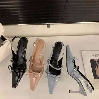 Niche French nude pink high heels stiletto heel bag head sandals fairy shoes 2025 spring and summer with skirt single shoes 35 чёрный