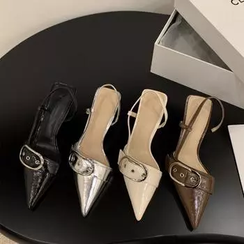 Niche French серебристые босоножки на высоком каблуке с завязками на шее, туфли-лодочки, новинка весны и лета 2024 года, остроносые туфли 35 чёрный