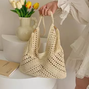 Niche Handmade Crochet Hollow Beach Vacation Art Style Woven Сумка на одно плечо для женщин