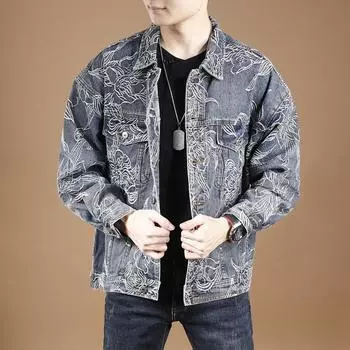 Нишевая высококачественная мужская джинсовая куртка с цветочной вышивкой, свободная мужская куртка High Street Tooling M синий