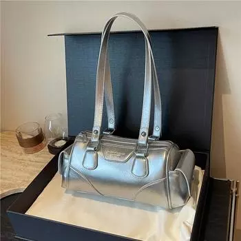 Niche high-end new large-capacity commuter bag solid color simple and versatile shoulder bowling bag серебряный