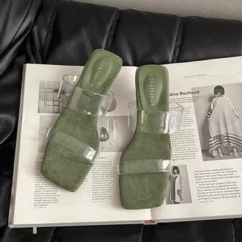 Niche high-end transparent belt with one-word wedge slippers, summer fashion women s sandals, high-heeled sandals 35