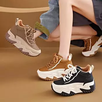 Niche High-Top Shoes Женская осенняя универсальная толстая подошва Muffin, увеличивающая рост, спортивная и досуговая, маленькая белая обувь, обувь для скейтбординга 35 жёлтый