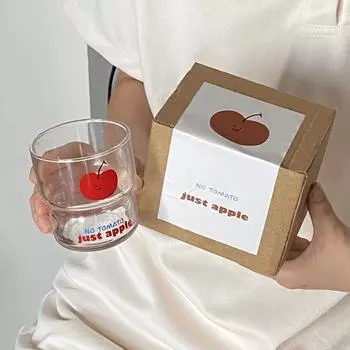 Niche Ins Cartoon Red Apple Smiley Face Tempered Glass Cup Simple Hand-Painted Coffee Cup Gift High Temperature Resistant 220Ml Dishwasher