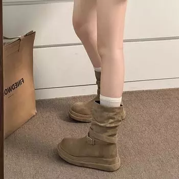 Niche medium boots women s autumn and winter new heightened thick-soled Martin boots pleated suede fashion boots western cowboy boots 35