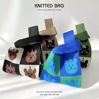 Niche Милая вязаная сумка-тоут с медведем через плечо - Большая вместительная студенческая сумка