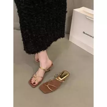 Niche наклонный каблук тонкий ремень классные тапочки сказочные туфли носить 2024 новые летние французские римские сандалии на среднем каблуке 35 чёрный